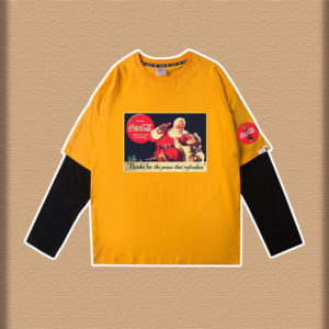Color: 4yellow, Size: L - Tide Brand Fried Street Joint Sweater T-Shirt Long-Sleeved Fake Two Pieces Of Loose Kith Plus Velvet Casual Cocacola