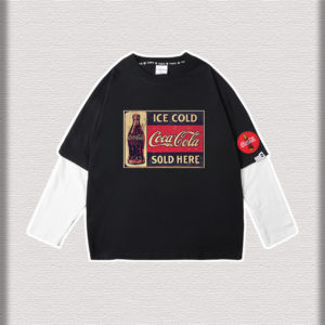 Color: 3black, Size: L - Tide Brand Fried Street Joint Sweater T-Shirt Long-Sleeved Fake Two Pieces Of Loose Kith Plus Velvet Casual Cocacola