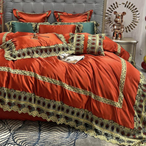 Pattern: Orange Bed Sheet, Size Specification: 7Pieces set 1.5M - Luxury High Precision Brocade Silky Four-piece Set