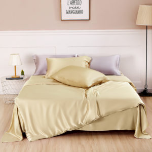 Color: Light champagne, Size: 2m fitted sheet - Silk Four Piece Set, Solid Color, Simple Nordic Style