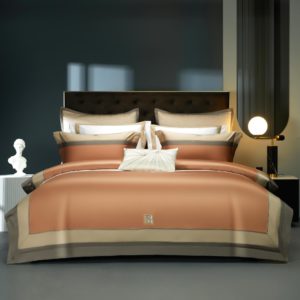 Color: Angel Orange, Specifications: Fitted Sheet Enlarge 7pcs - 160 Double-strand Long-staple Cotton Color Block Embroidery Bedding