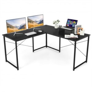 95 Inch 2-Person L-Shaped Long Reversible Computer Desk with Monitor Stand-Black - Color: Black