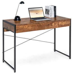 2-Drawer Home Office Desk with Steel Frame-Brown - Color: Brown