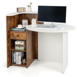 Front Reception Office Desk with Open Shelf and Lockable Drawer-Rustic Brown - Color: Rustic Brown