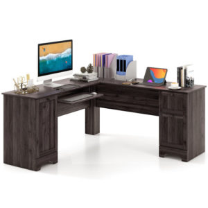 L-Shaped Office Desk with Storage Drawers and Keyboard Tray-Dark Brown - Color: Dark Brown