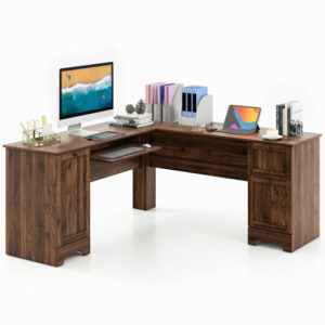 L-Shaped Office Desk with Storage Drawers and Keyboard Tray-Walnut - Color: Walnut