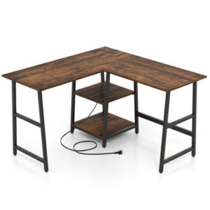 L Shaped Corner Computer Desk with Storage Shelves-Brown - Color: Brown