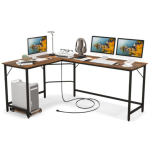 L-Shaped Computer Desk with CPU Stand Power Outlets and USB Ports-Rustic Brown - Color: Rustic Brown