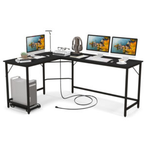 L-Shaped Computer Desk with CPU Stand Power Outlets and USB Ports-Black - Color: Black