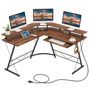 L-shaped Computer Desk with Power Outlet and Monitor Stand-Rustic Brown - Color: Rustic Brown