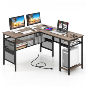 L-Shaped Computer Desk with Charging Station and Adjustable Shelf-Gray - Color: Gray