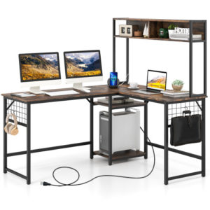 L-shaped Desk with Power Outlet Hutch-Rustic Brown - Color: Rustic Brown