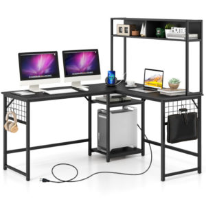 L-shaped Desk with Power Outlet Hutch-Black - Color: Black