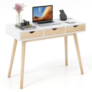 Computer Desk with 3 Drawers and Solid Rubber Wood Legs for Home Office - Color: Natural