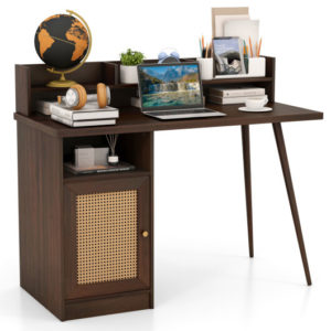 48 Inch Computer Desk with Hutch and PE Rattan Cabinet Shelves-Walnut - Color: Walnut