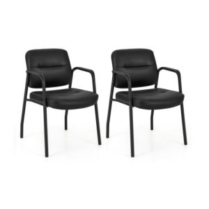 Waiting Room Guest Chair Set of 2 Upholstered Reception Chairs with Mixed PU Leather and Integrated Armrests-Black - Color: Black