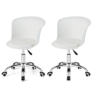Set of 2 Office Desk Chair with Ergonomic Backrest and Soft Padded PU Leather Seat-White - Color: White