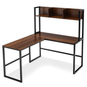 Reversible L-Shaped Corner Desk with Storage Bookshelf-Walnut - Color: Walnut