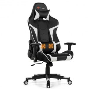 Reclining Swivel Massage Gaming Chair with Lumbar Support-White - Color: White
