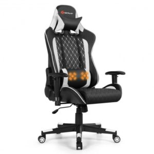 Massage Gaming Chair with Lumbar Support and Headrest-White - Color: White