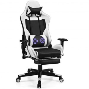 PU Leather Gaming Chair with USB Massage and Lumbar Pillow Footrest-White - Color: White