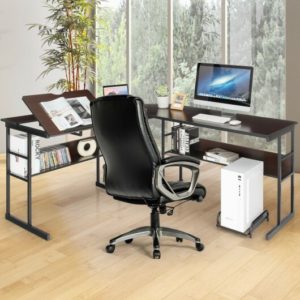 L-Shaped Computer Desk with Tiltable Tabletop-Brown - Color: Brown