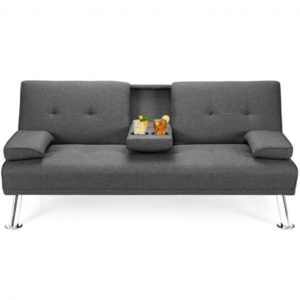 Convertible Futon Sofa Bed With Cup Holders In Dark Gray