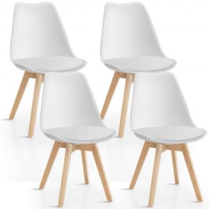 Set of 4 Dining Chairs Mid-Century Modern Shell PU Seat with Wooden Legs-White