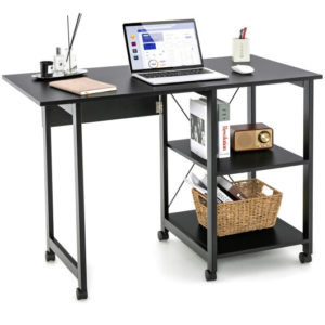 Folding Writing Office Desk With Storage Shelves-Black -