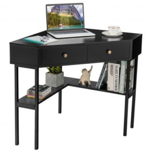 Triangle Corner Desk with Charging Station with 2 Drawers and Storage Shelf-Black - Color: Black