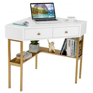 Triangle Corner Desk with Charging Station with 2 Drawers and Storage Shelf-Golden - Color: Golden