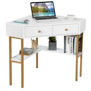 Triangle Corner Desk with Charging Station with 2 Drawers and Storage Shelf-White - Color: White