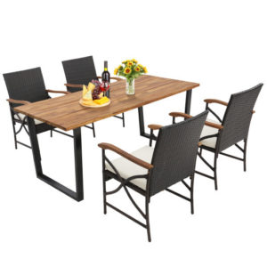 5-Piece Rattan Patio Dining Set with Acacia Wood Table