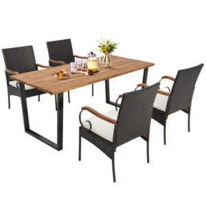 5 Pieces Patio Rattan Dining Set with Umbrella Hole for Poolside Backyard