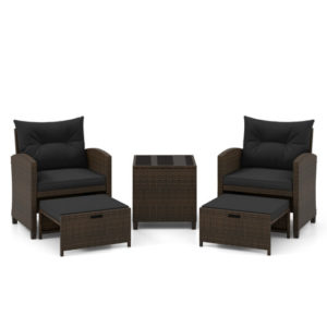 5 Pieces Patio Rattan Furniture with 2 Ottomans and Tempered Glass Coffee Table-Beige