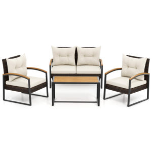 4 Pieces Patio Conversation Set with Acacia Wood Armrests and Tabletop and Cushions-White