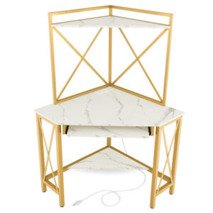 Space-Saving Corner Computer Desk with with Hutch and Keyboard Tray-White - Color: White