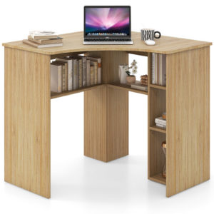 Corner Computer Desk Triangle Home Office Desk with Adjustable Shelf and Arc-Shaped Profile-Natural
