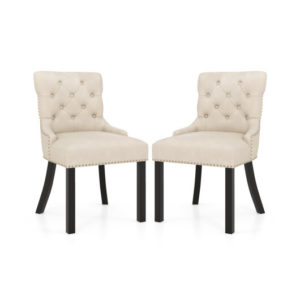 Upholstered Dining Chairs Set of 2 Tufted Wingback Chairs with Rubber Wood Legs-Beige