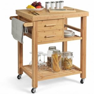 Bamboo Kitchen Trolley Cart With Tower Rack And Drawers