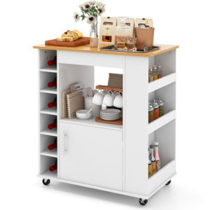 Kitchen Cart On Wheels With Bamboo Top And 6-Bottle Wine