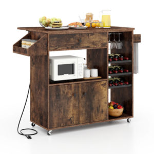 Drop Leaf Mobile Kitchen Island Cart with Power Outlet and Adjustable Shelf-Rustic Brown