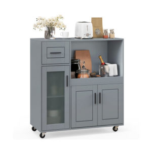 Rolling Kitchen Island with Wheels Drawer and Glass Door Cabinet-Gray
