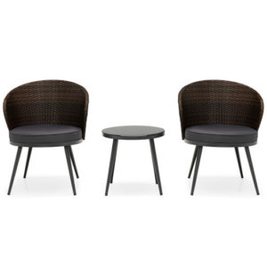 3 Pieces Patio Rattan Bistro Set with 2 Seat Cushions and Tempered Glass Tabletop-Brown