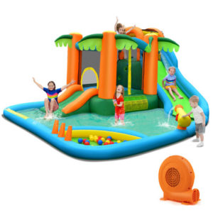 7-in-1 Inflatable Water Slide Park with Trampoline Climbing and 680W Blower - Color: Multicolor