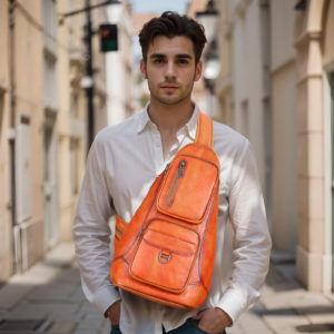 Color: Brown - First Layer Cowhide Chest Bag Large Capacity Shoulder Messenger Bag Brushed Skeleton-skin