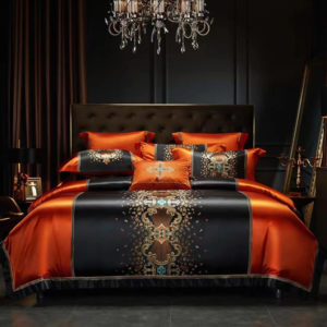 Pattern: Irena Orange, Dimensions: 7 Piece Bedspread Set - Silk Cotton Embroidery Four-piece Set Bed Sheet Bedspread