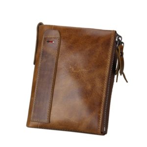 Genuine Cowhide Leather Men Wallets Double Zipper Short Purse Coin Pockets Anti RFID Card Holders
