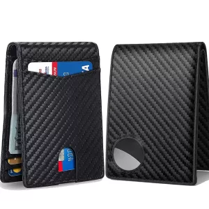 Color: black - Rfid Carbon Fiber Leather Men Airtag Wallets Purse Credit Card Holder for Air Tag Purse Black Luxury Minimalist Wallet for Men