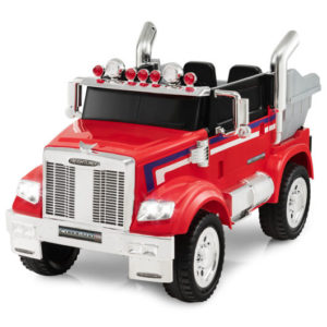 12V Licensed Freightliner Kids Ride On Truck Car with Dump Box and Lights-Red - Color: Red